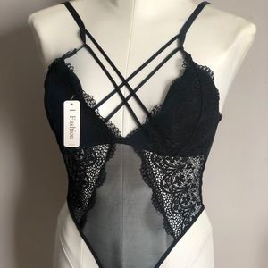 Nanamacs black lace bodysuit.